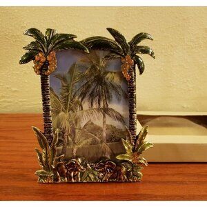 Frame Tropical Palm Trees Trunk Up Elephant Painted Beaded 3" x 5" Photo Size